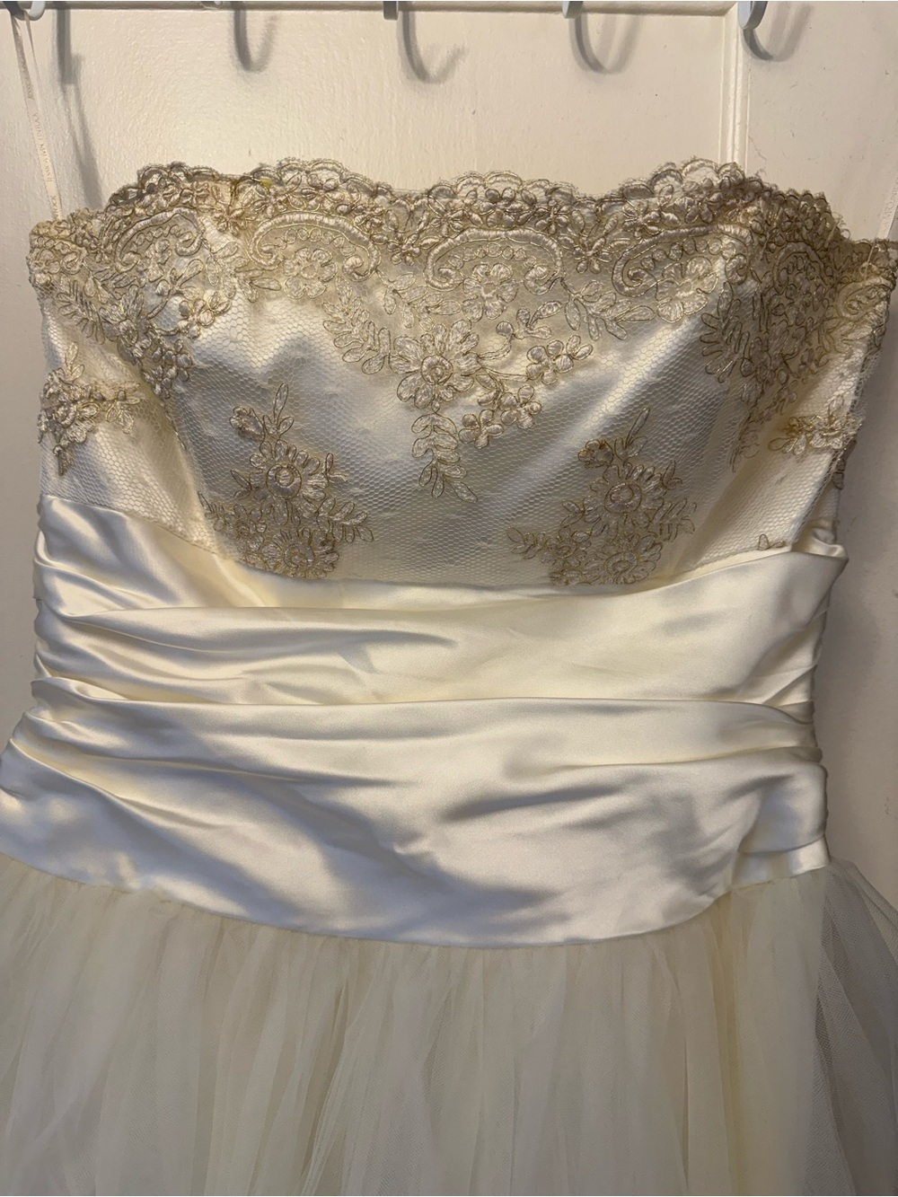 Jessica McClintock Ivory Tea Length Gown with Gold Lace Accents - Picture 3 of 8
